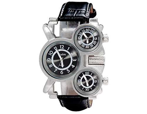 ShoppeWatch Mens Watch Big Face Oversize Unique Triple Time Display Quartz Black Dial Leather Band OM-162