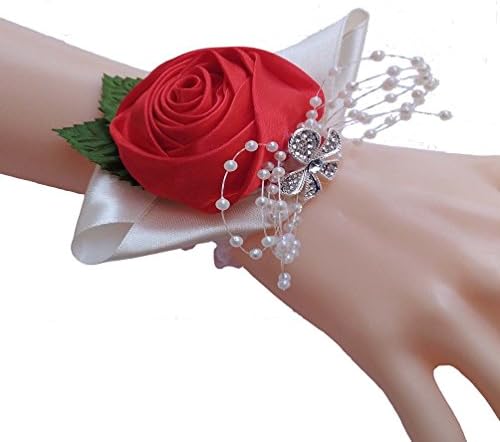 Steen Pack of 1 Wedding Artificial Flower Pearl Corsages For Bride Bridesmaid - Red