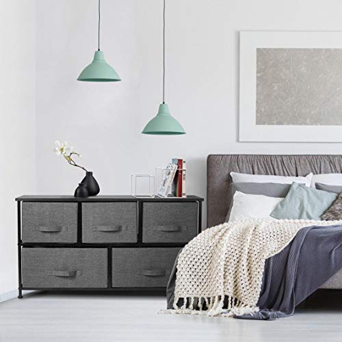 Dresser-Organizer-With-5-Drawers-Fabric-Storage-Chest-for-Bedroom-Hallway-Entryway-Closets-Nurseries-Furniture-Storage-Tower-Sturdy-Steel-Frame-Wood-Top-Easy-Pull-Handle-Textured-Print-Drawers