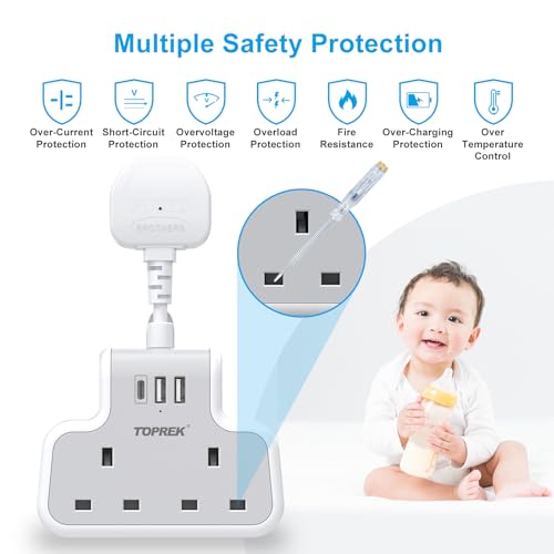 TOPREK Multi Plug Adaptor with USB C, Double Plug Adapter UK, 5cm Short Extension Lead、Compact Wall-Mounted Adapter UK for Home, Office, Kitchen