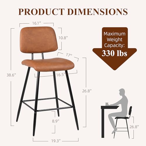 Nusetx 26 Inch Counter Height Bar Stools Set of 2, Modern Faux Leather Kitchen Island Chairs with Back and Metal Leg, Upholstered BarStools, Brown