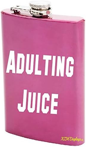 Adulting Juice Alcohol Flask Hip Liquor Container 8oz Screw Cap Pocket Funny Gift (Pink)