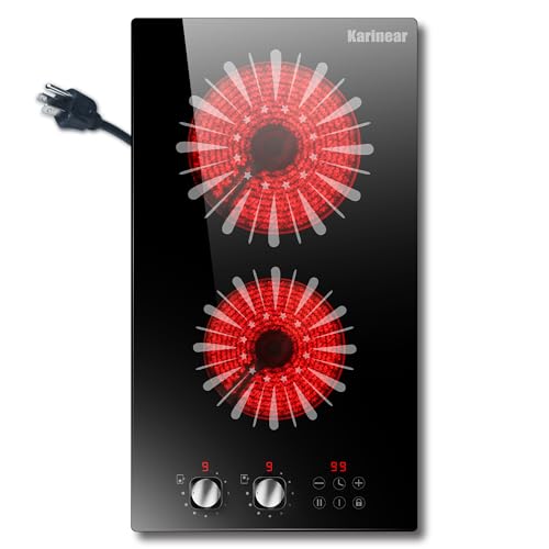 Karinear 110V Electric Cooktop 2 Burners, 12 Inch Electric Stove with Plug in, Countertop & Built-in Ceramic Stove Top, Knob and Sensor Touch Control, Multifunctional Radiant Stove(Silver knob)
