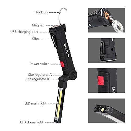 COB Work Lights , USB Rechargeable Work Light with Magnetic Base Ultra Bright LED Flashlight, Inspection Lamp for Car Repairing, Workshop, Garage, Camping, Emergency (Black,Collapsible)[2018 New] - Thumbnail 3