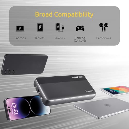 Intenso Powerbank HE25000 140W Power Delivery, 25000mAh Externer Akku, Schnellladung für MacBook, iPhone, Samsung Galaxy, iPad – USB-C Kabel & Transporttasche inklusive 3