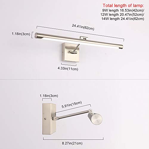 LED Picture Light, Joosenhouse Brushed Nickel Full Metal Artwork LED Lamp Lighting Fixture 24.4 inches 14W with Swing Arm Cool White
