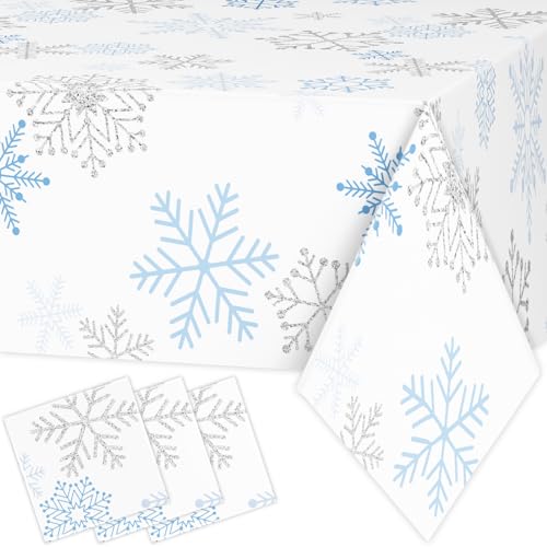 3 Pcs Blue Silver Snowflake Tablecloths, Christmas Snowflake Frozen Wonderland Table Cover Disposable Plastic Winter Holiday Table Cloth for Christmas Birthday Party Decoration Supplies, 54x108Inch