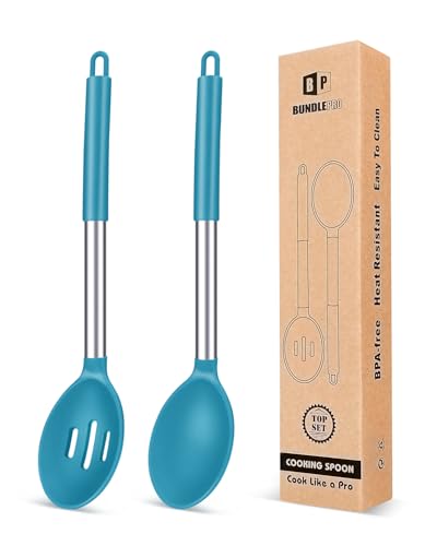 Pack of 2 Large Silicone Cooking Spoons,Non Stick Solid Basting Spoon,Heat-Resistant Kitchen Utensils for Mixing,Serving,Draining,Stirring (BLUE)