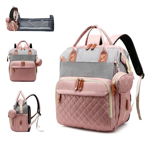 Lamroro Diaper Bag with Changing Station, Waterproof 3 in 1 Baby Diaper Backpack with Foldable Changing Pad, Pink-Grey