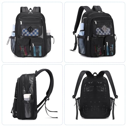 MOONBABY Mesh Backpack for School Heavy Duty See Through Net Bookbag Girls Boys Semi-Transparent Net Back Pack for Beach, Swimming, Sports, Work, Travel (Black)
