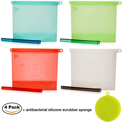Reusable Silicone Food Storage Bags with Cleaning Scrubber Sponge - Fits Instant Pot, Accessories 8qt - Safe to Steam, Heat, Boil, Freeze, Sous Vide Cooking - Airtight Lunch Snack Container - Set 4+1