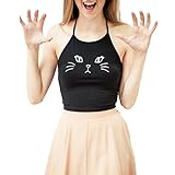 Halter Crop Top Women Black Sexy Cat Backless Strapless T Shirt for Juniors Teens