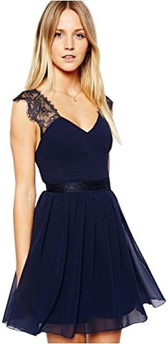 Women Chiffon Navy Blue V Neck Backless Lace Strap Party Short Dress (L)