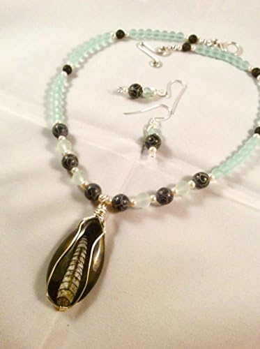 Black and White Orthoceras Fossil Pendant Beaded Necklace Earring Set in Sterling Silver with Carved Black Jade and Sea Foam Sea Glass