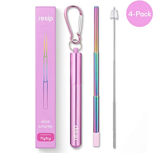 Flyby Portable Reusable Drinking Straws | Collapsible & Foldable Telescopic Stainless Steel Metal Straw Dispenser | Final Aluminum Case, Long Cleaning Brush, Silicone Tip | Pink Rainbow | 4-Pack - Thumbnail 7