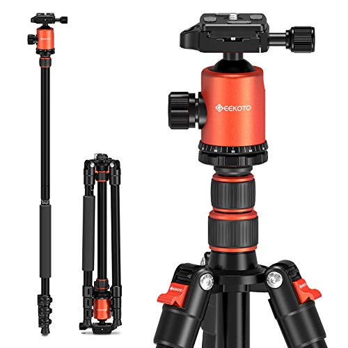 GEEKOTO Kamera Stativ 200cm, DSLR Camera Tripod Aluminum Reisestativ mit Einbeinstativ und 360° Panorama Kugelkopf, 1/4 Schnellwechselplatte und Stati