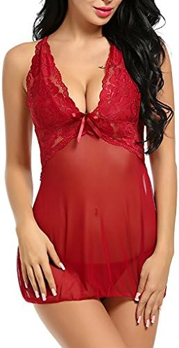 Charmiral Lingerie Outfits Women Transparent Halter Bodysuit Sexy Back Cross Babydoll Mini Skirt-Wine