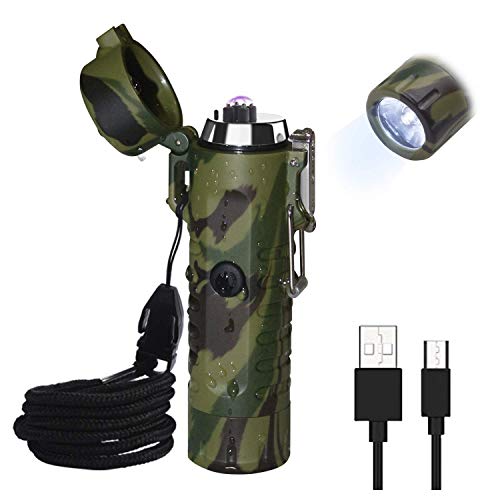 Waterproof Lighter, Keenisic Electric Lighter Flashlight USB Rechargeable Arc Lighter, Portable Handheld LED Lighter Flashlight, IP67 Water-Resistant for Outdoor Camping – 2 in 1 (Camouflage)