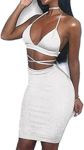 Lyheller Women's Sexy 2 Piece Spaghetti Bodycon Mid Bandage Party Club Dress (Medium, White)