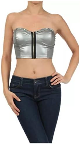 Bandeau Top Metallic Studded Faux Leather Black Silver Zipper Sexy (M, Silver )