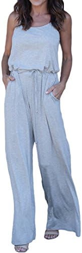 Kbook Women's Solid Color Sleeveless Strap Drawstring Casual Wide Pants Jumpsuit Romper
