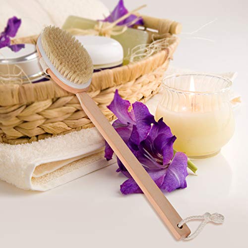 Body Brush for Bath or Shower - Dry or Wet Skin Exfoliating Long Wood Handle Back Scrubber with White Sponge - Thumbnail 3