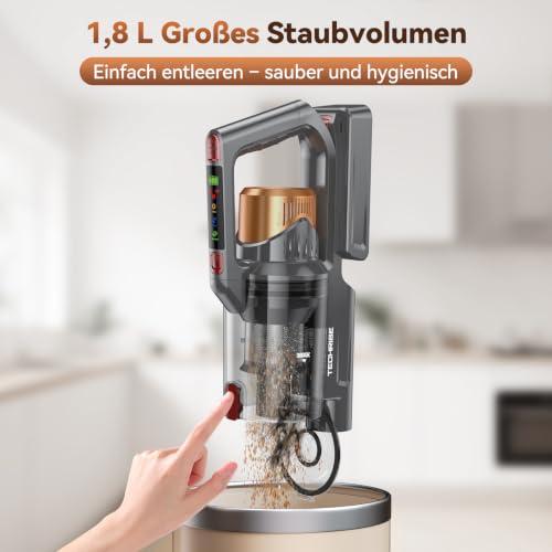 TechRise Akku Staubsauger,55KPa/650W/70Min Staubsauger Kabellos mit Selbststehend Laufzeit,LED-Display,Anti-Tangle-Bürste, 8-in-1-Filter,für Tierhaare,Mehrere Lademethoden,Teppich & Hartböden