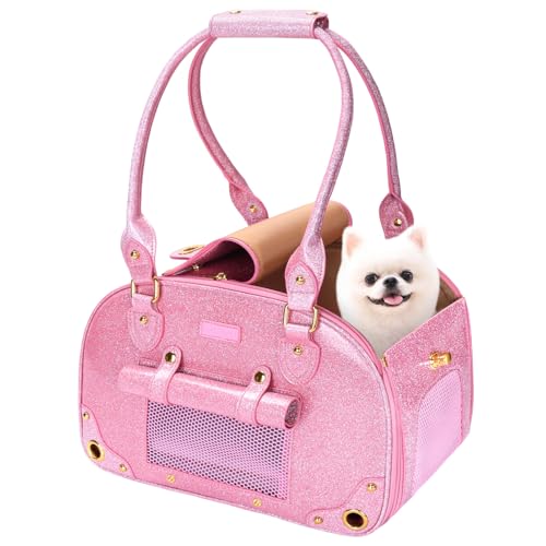 PetsHome Dog Carrier Purse, Pet Carrier, Bling Waterproof Premium Leather Pet Travel Portable Bag Carrier for Cat and Small Dog Home & Outdoor Small Bling Pink