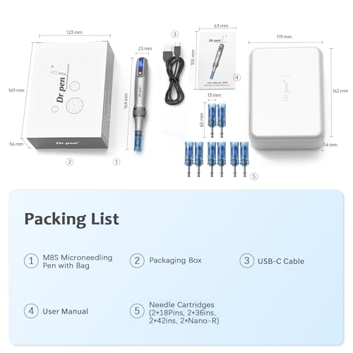 Dr. Pen M8S Microneedling Pen, Original Dr. Pen Machine Microneedle Wireless Professional Microneedling Pen Kit for Face Body Hair Beard Growth Gift – 8 Cartridges