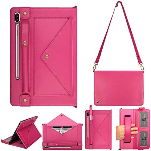 10.5'' Samsung Galaxy Tab S6 Case SM-T860/T865/T867, PU Leather Wallet Protective Cover w/Card Slot Pocket/Pen Holder/Hand Strap Shoulder Bag Case for Samsung Galaxy Tab S6 10.5,Hot Pink