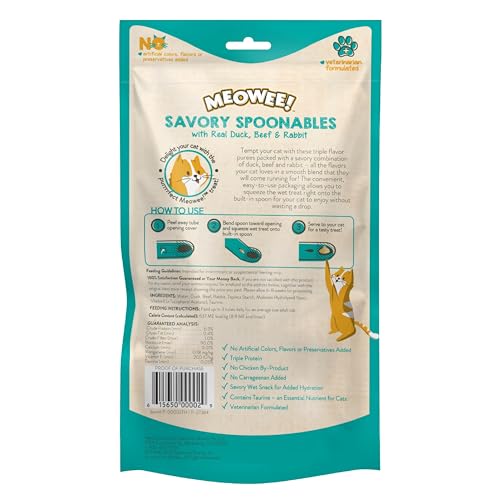 MEOWEE! SAVORY SPOONABLES WITH REAL DUCK, BEEF AND RABBIT FOR CATS, 8 COUNT, TREAT YOUR CAT TO TRIPLE FLAVOR SQUEEZABLE LICKABLE WET TREATS WITH BUILT-IN SPOON FOR LESS MESS