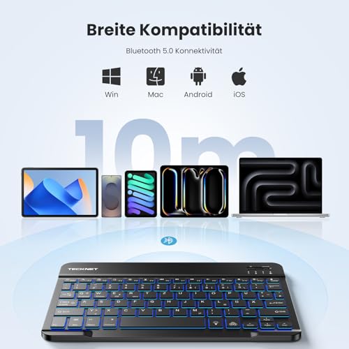 TECKNET German Bluetooth Keyboard for Tablet/iPad Mini/Pro/Air/10.2/10.9/iPhone/Android/Windows, iPad Keyboard with Lighting, Rechargeable, Portable, Wireless, Ultra Thin, Black