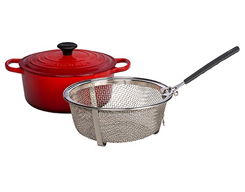 Click Here to See More Images Le Creuset Signature Cherry Enameled Cast Iron 5.5 Quart Round French Oven with Stainless Steel Fry Basket