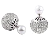 Faenlior Double Sided Front Back Ball Earrings Silver Plated Rhinestone Bling Pearl Balls Tribal Stud Earrings