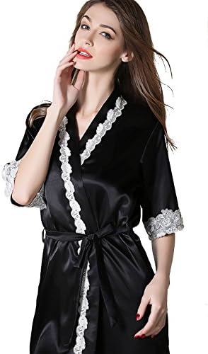 VlSl Women's Pure Color Kimono Robes Satin Nightwear Bridesmaids Short Style(Large, Black)