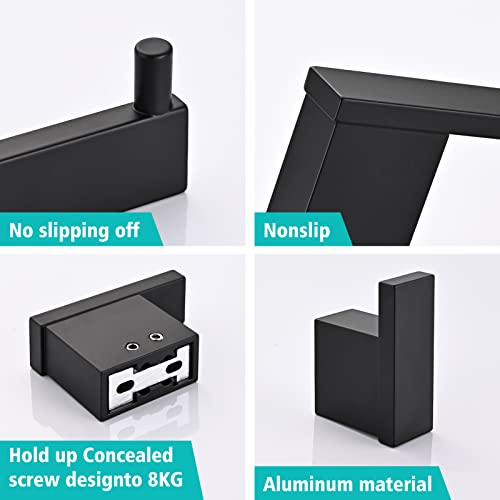 HANFU Towel or Toilet Paper Holder, Bathroom Accessories Set of 5, Aluminium 40 cm, Hooks for Bathrobe, Complete Wall Mount, Black