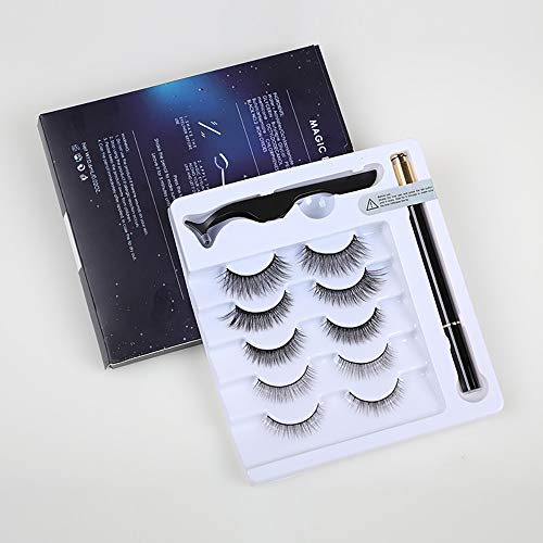 Pengxian New Material 5 Pairs of Non-Magnetic False Eyelashes Set Liquid Magnetic Eyeliner For Use with Magnetic False Lashes Pen with Special Iron Tweezers/Magnetic Eyeliner Look-No Glue Needed