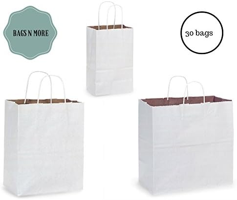 White Kraft Paper Gift Bags with Handles Assorted Small and Medium Size Bags (Mixed 3 Sizes 30 Count)