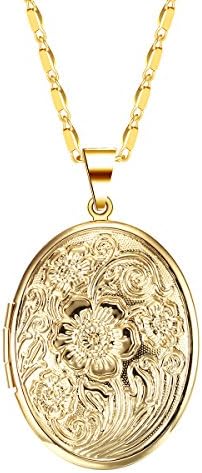 IFFURMON Gold Plated Oval Hand-Engraved Flower Locket Necklace Heart Pendant