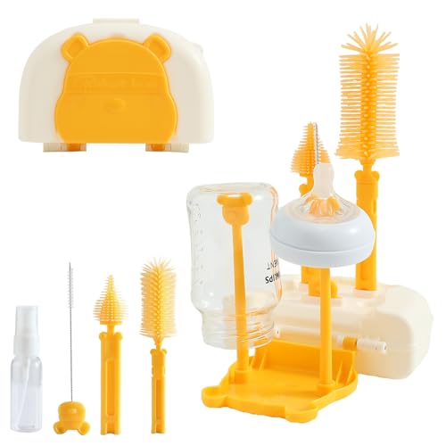 FUSACONY 7in1 Baby Bottle Brush Set with Silicone Bottle Brush, Nipple Brush, Straw Cleaner Brush、Soap Dispenser, Bottle Drying Rack, Storage Box, Drainage Tray for Home and Trave (Yellow Bear)