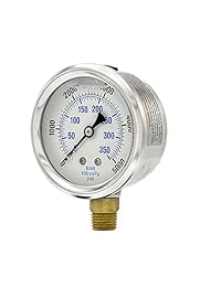 Pic Gauge 201l 254r relleno de glicerina Industrial Monte Medidor de presión inferior con acero inoxidable caso, latón Internals, tamaño de lente de plástico, 2 1 2" Dial, tamaño de 1 4" macho NPT Conexión, Rango de 0 5000 PSI