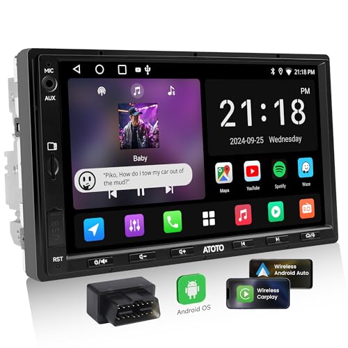 ATOTOEXCEL A5L 7 Inch 2 Din Android Car Radio, CarPlay & Android Wireless Car Radio, Touchscreen Radio, Wi-Fi Tethering/BT/USB, 24-B EQ DSP, OBD2 Scanner, GPS Tracking, HDMI Output, 2+32G, FM/RDS