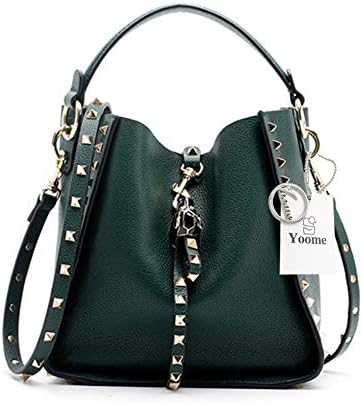 Yoome Women Cowhide Leather Bucket Bag Punk Purse Crossbody Rivets Clutch Shoulder Handbags