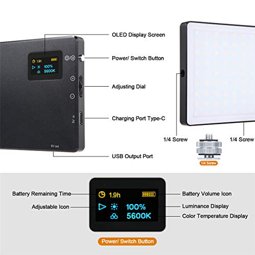 LED Video Light LituFoto N126 Photography Light Camera Light 126pcs Bi-Color Beads OLED Display Screen with Built-in Lithium Battery for Video Shooting on Cameras and Smartphones