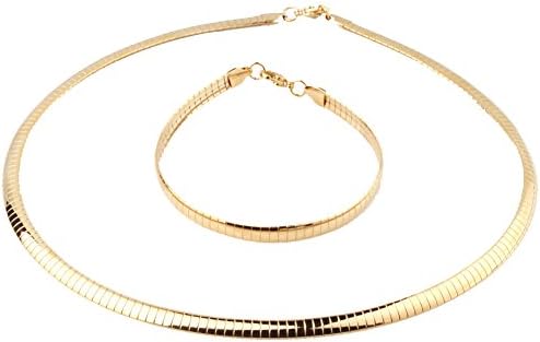 Classic Stainless Steel Gold Choke Collar Flat Neck Chain Bracelet Necklace Jewelry Set(9.05"+19.58")