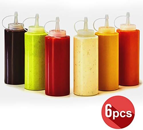 On Condiment Bottle, Set of 6 Plastic Squeeze Condiment Bottles for Mustard Dressing Ketchup BBQ Sauce Mayonnaise Syrup Honey Arts Crafts, 16 oz Condiments Squirt Bottle Leakproof Twist On Cap Lids