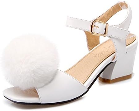 Sfnld Women's Sweet Pompon Square Toe Buckle Strap Medium Block Heels Sandals White 10.5 B(M) US