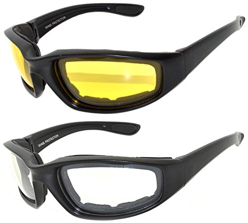 Black Frame Motorcycle Padded Foam Glasses Yellow & Clear Lenses â€“ 2 Pairs