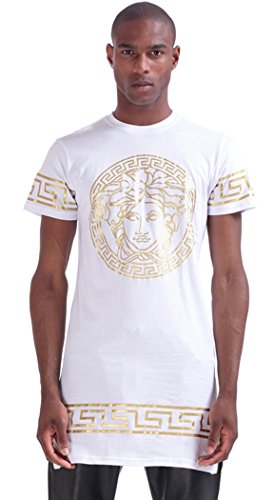Pizoff Unisex Golden Medusa Luxury Extra Long Baroque Side Zip T Shirt P3194-White-M