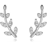 Reffeer Solid 925 Sterling Silver Leaf Crawler Stud Earrings for Women Teen Girls Crystal Leaf Stud Earrings